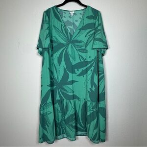 A New Day Green Tropical Leaf V-Neck Dress XXL